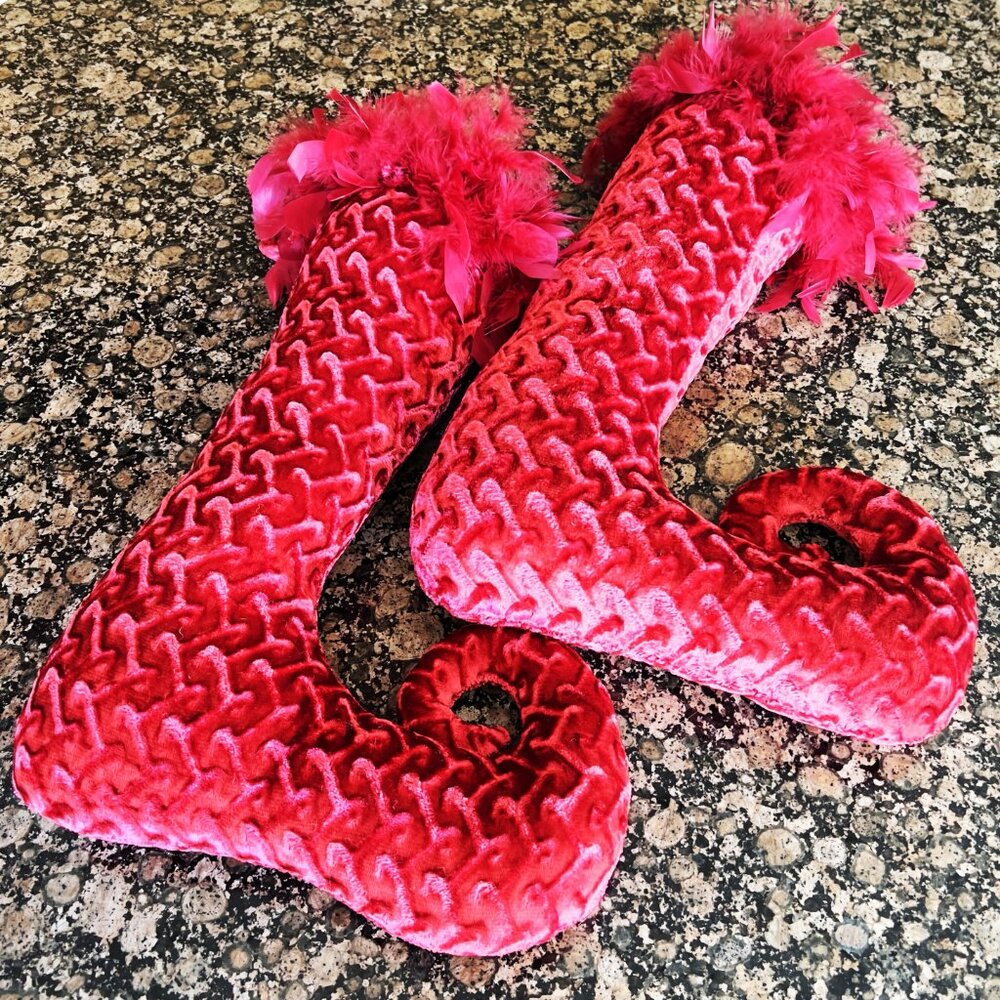 Pair Whimsical Red Christmas Stockings 20" x 13" Curled Toe Feather Trim Holiday
